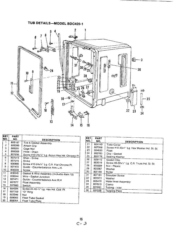 TUB (BDC420 - 1) Diagram and Parts List for BDC420-1  Magic Chef Dishwasher