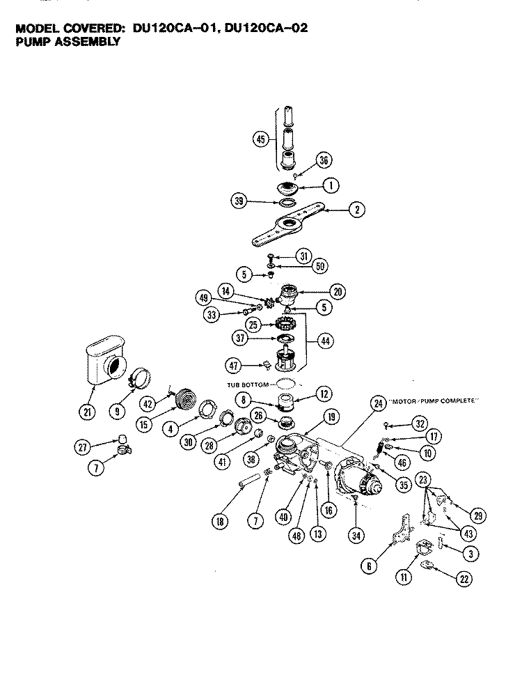 PUMP ASSEMBLY Diagram and Parts List for DU120CA-01  Magic Chef Dishwasher