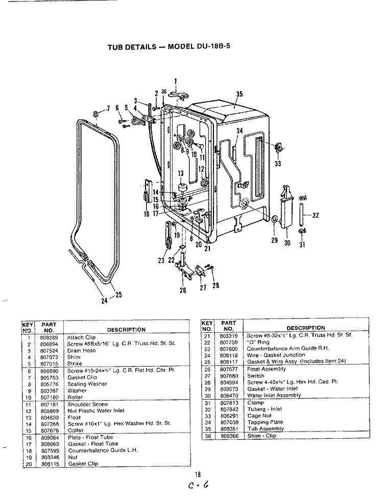 TUB Diagram and Parts List for DU18B5-D  Maytag Dishwasher