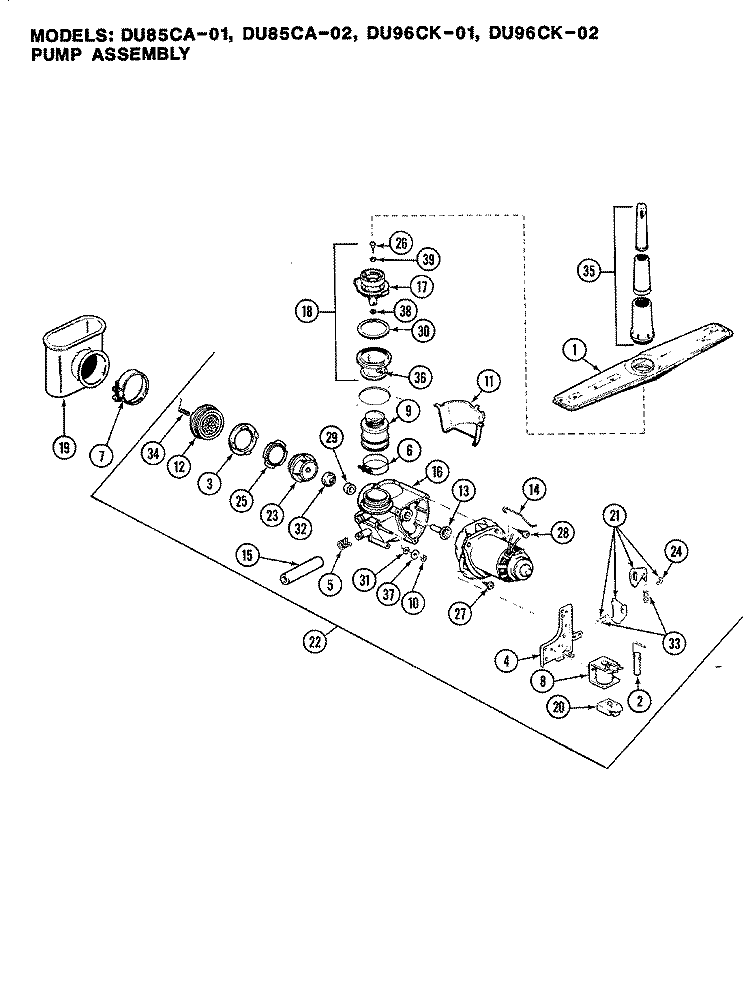 PUMP ASSEMBLY Diagram and Parts List for DU96CN-01  Magic Chef Dishwasher