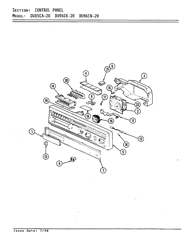 CONTROL PANEL Diagram and Parts List for DU96CN-20  Magic Chef Dishwasher