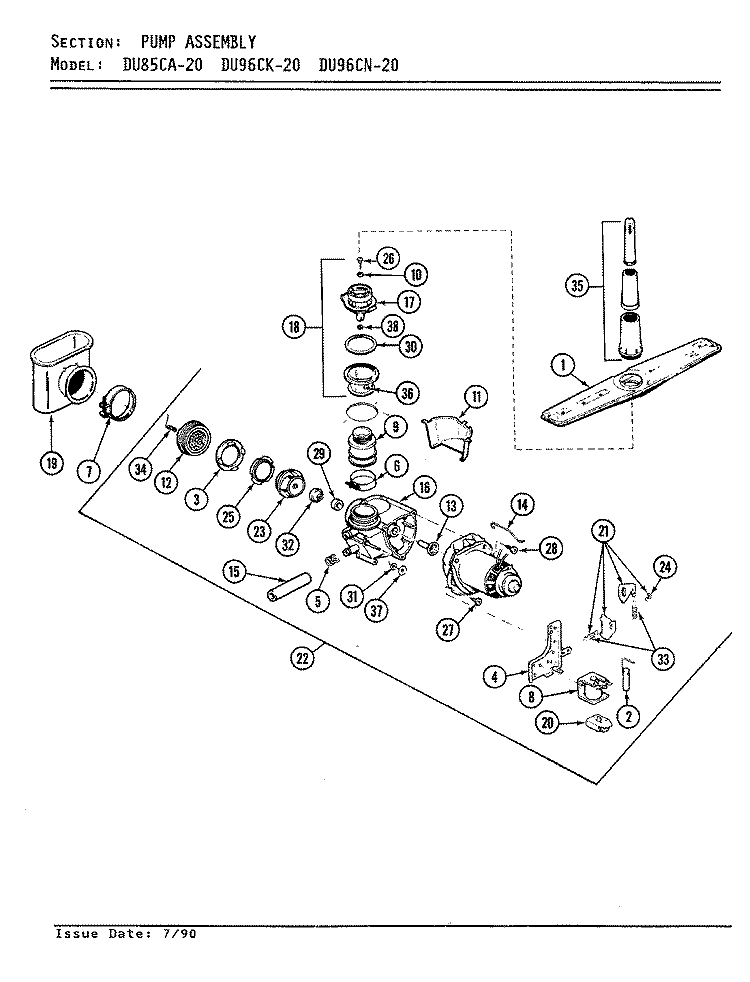 PUMP ASSEMBLY Diagram and Parts List for DU96CN-20  Magic Chef Dishwasher