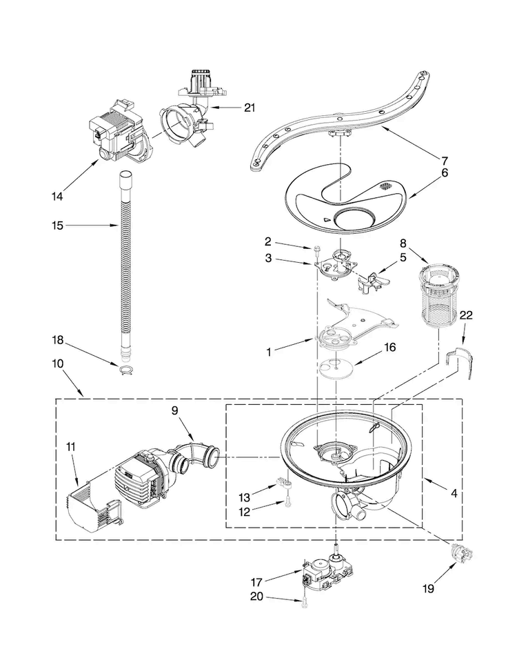 Pump, Washarm And Motor Parts Diagram and Parts List for JDB3650AWF1  Jenn-Air Dishwasher