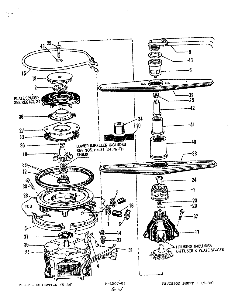 MOTOR, HEATER & SPRAY ARM Diagram and Parts List for DC24D6  Maytag Dishwasher