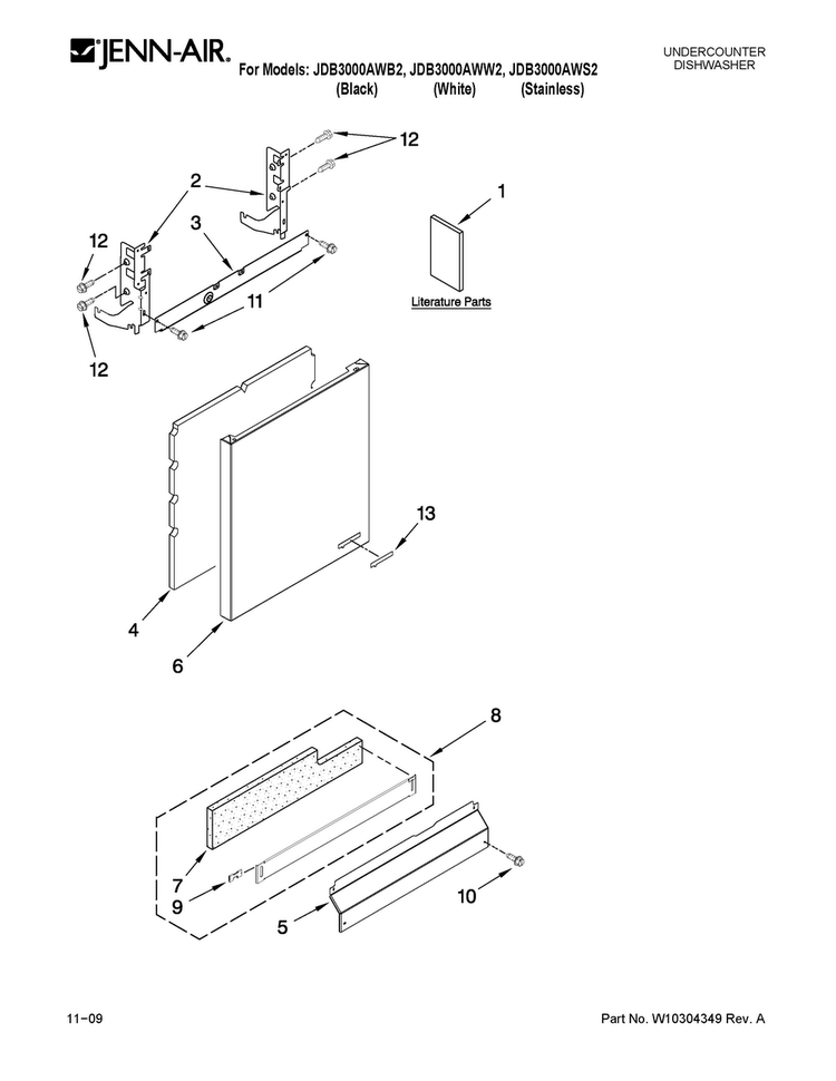 Door And Panel Parts Diagram and Parts List for JDB3000AWB2  Jenn-Air Dishwasher