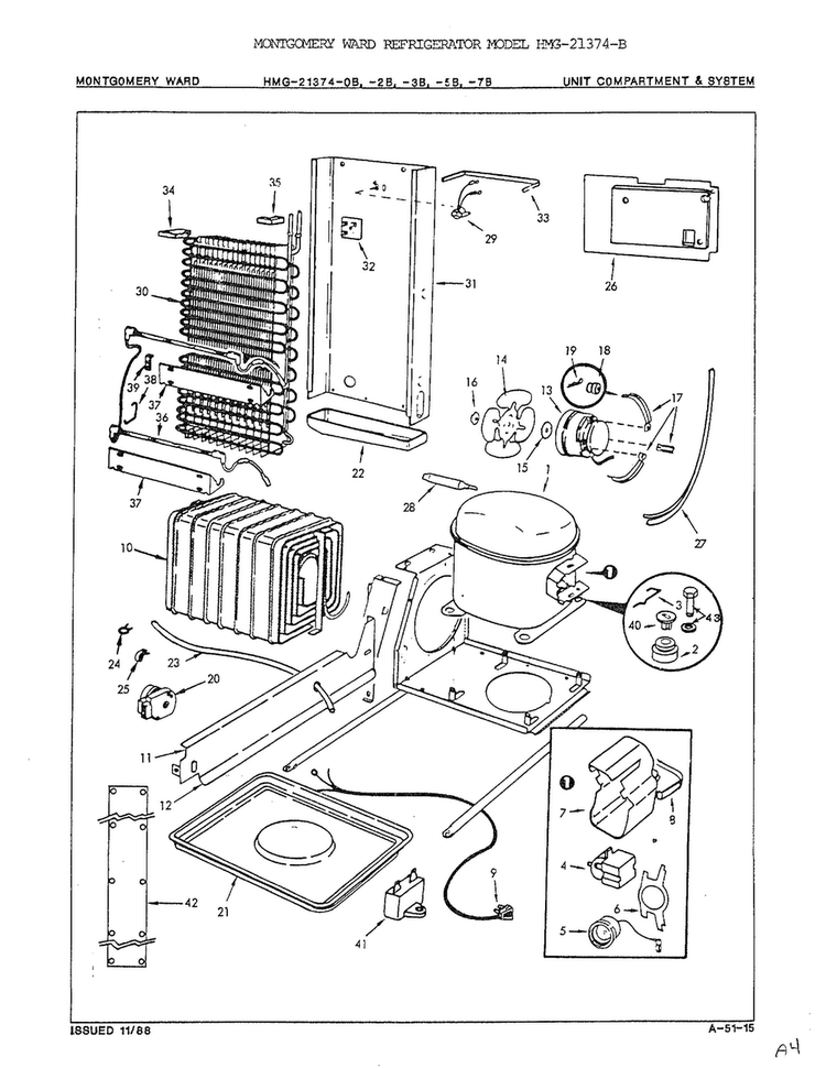 Unit Compartment And System Diagram and Parts List for 21374B  Admiral Refrigerator