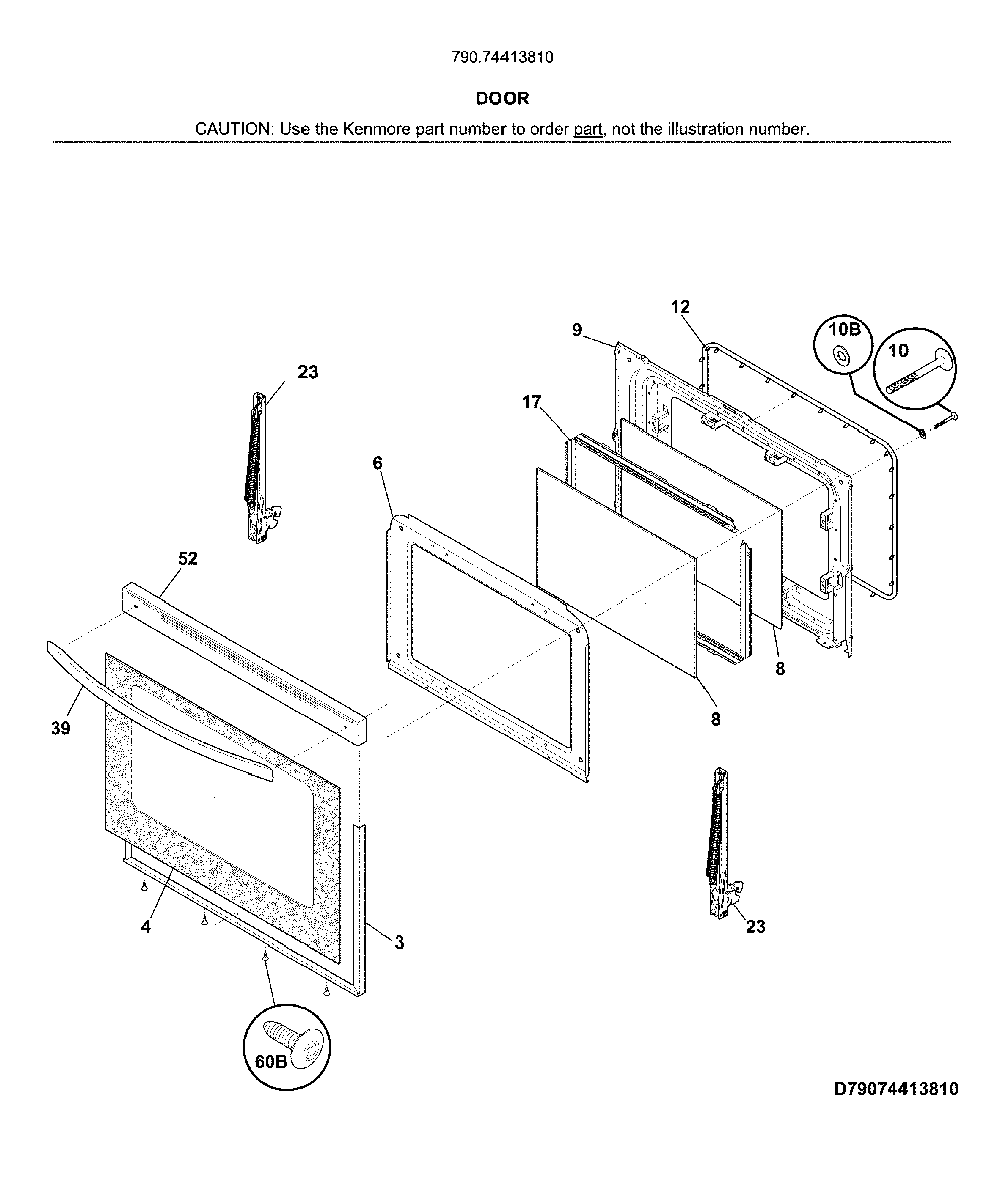 Door Diagram and Parts List for 79074413810  Kenmore Range