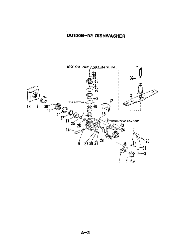 MOTOR & PUMP Diagram and Parts List for DU100B-02  Magic Chef Dishwasher
