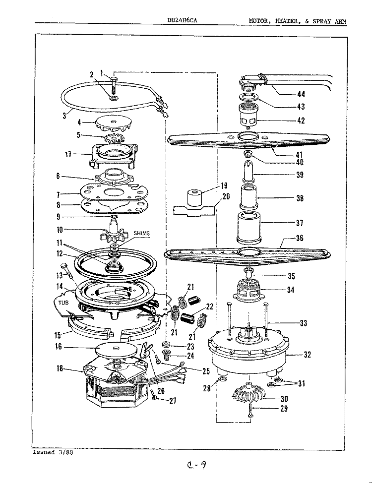 MOTOR, HEATER & SPRAY ARM Diagram and Parts List for DU24H6CA  Maytag Dishwasher