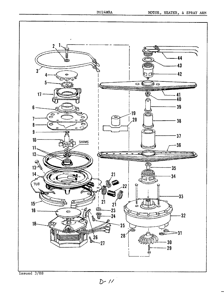 MOTOR, HEATER & SPRAY ARM Diagram and Parts List for DU24H8A  Maytag Dishwasher