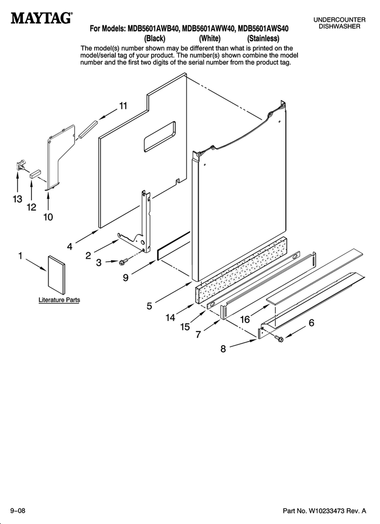 Door And Panel Parts Diagram and Parts List for MDB5601AWW40  Maytag Dishwasher
