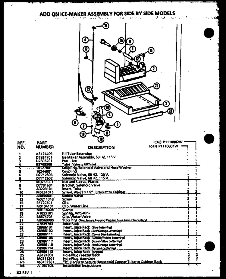 Add On Ice-maker Assembly For Side By Side Models Diagram and Parts List for SX25M2L-P1154902WL  Amana Refrigerator