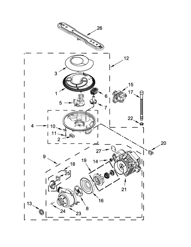 Pump, Washarm And Motor Parts Diagram and Parts List for MDB8969SDE3  Maytag Dishwasher