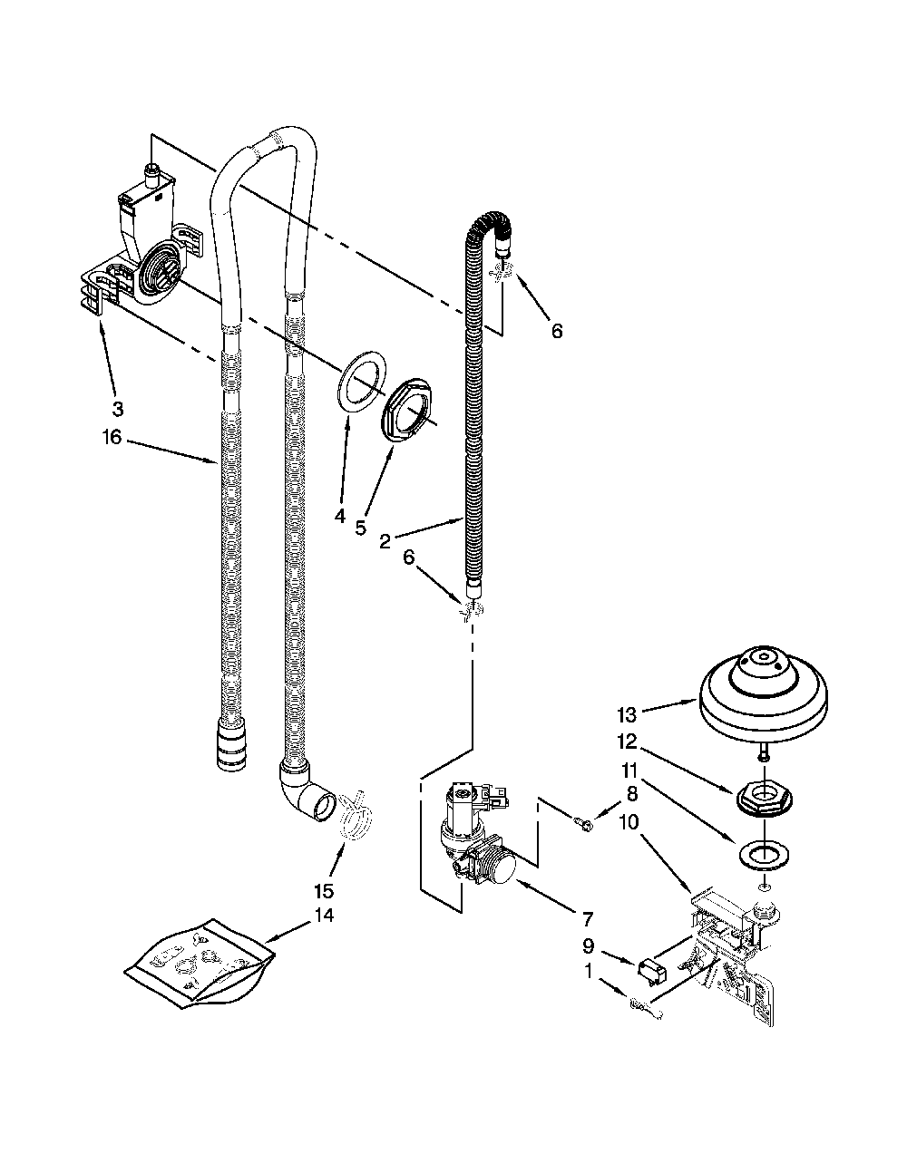 Fill, Drain And Overfill Parts Diagram and Parts List for 66512833K314  Kenmore Dishwasher