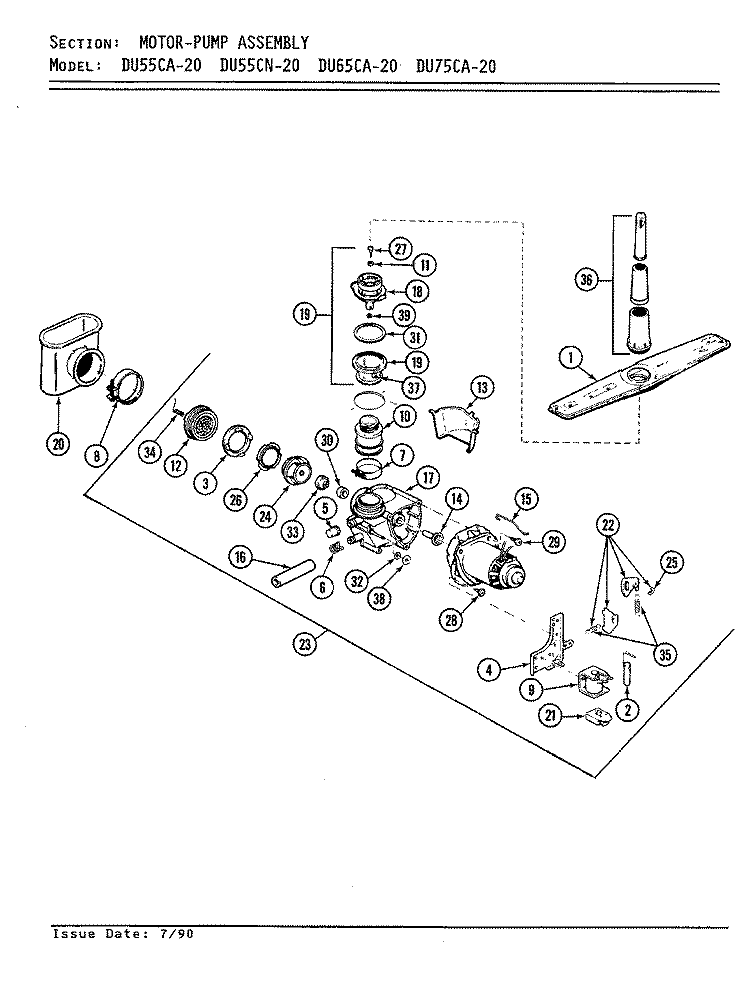 MOTOR & PUMP ASSEMBLY Diagram and Parts List for DU75CA-20  Magic Chef Dishwasher