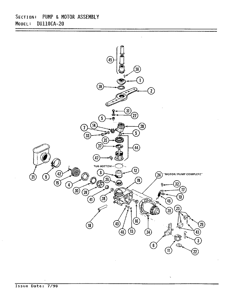 PUMP & MOTOR ASSEMBLY Diagram and Parts List for DU110CA-20  Magic Chef Dishwasher