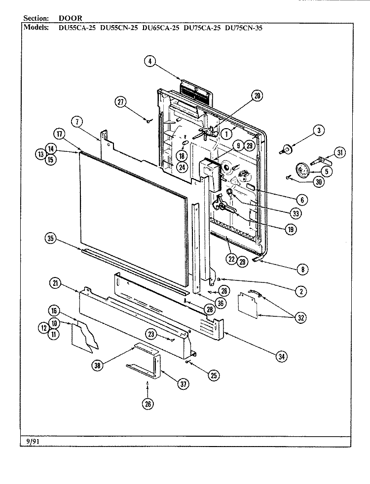 DOOR (DU55CA / CN - 25 DU65CA - 25) Diagram and Parts List for DU65CA-25  Magic Chef Dishwasher