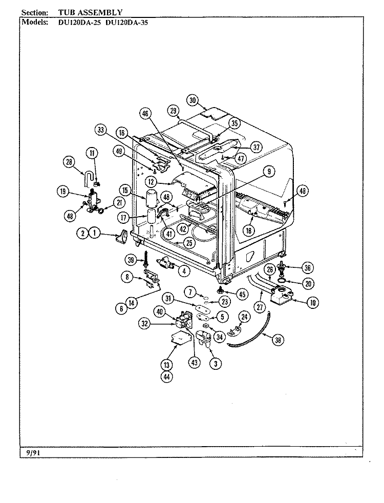 TUB ASSEMBLY Diagram and Parts List for DU120DA-35  Magic Chef Dishwasher