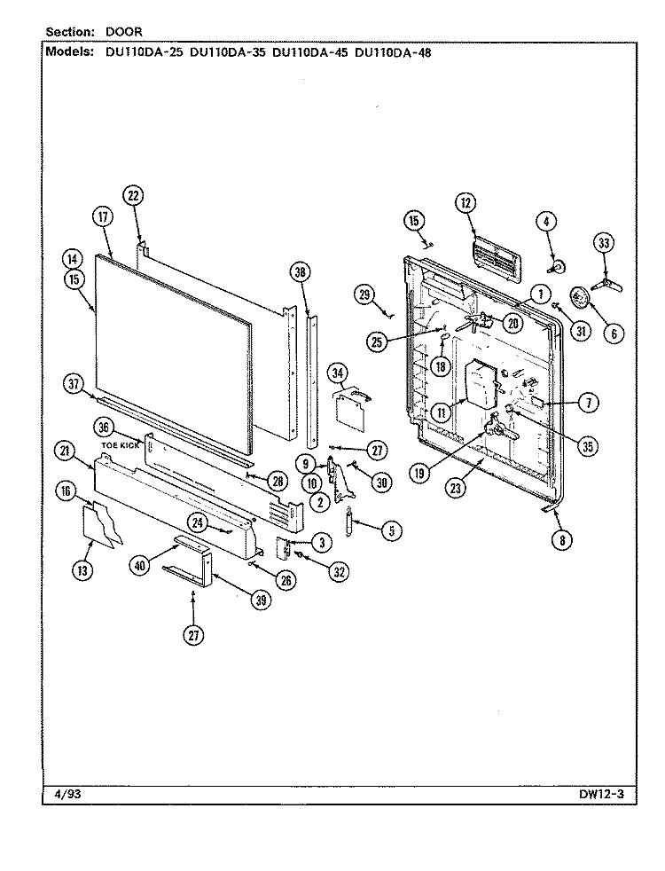 DOOR Diagram and Parts List for DU110DA-48  Magic Chef Dishwasher