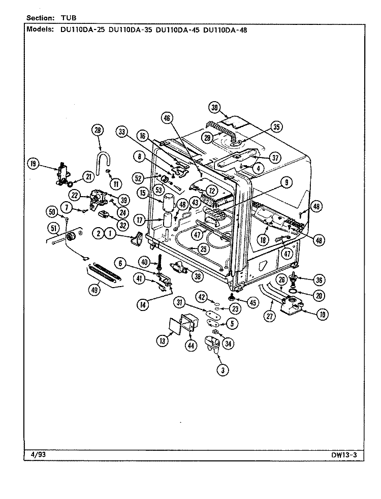 TUB ASSEMBLY Diagram and Parts List for DU110DA-48  Magic Chef Dishwasher