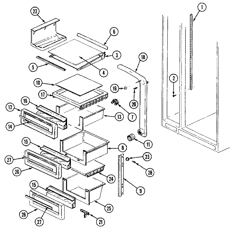 SHELVES & ACCESSORIES Diagram and Parts List for RCE224TDV  Maytag Refrigerator