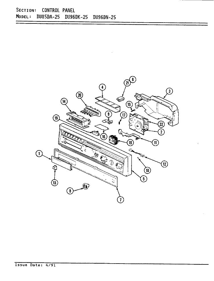 CONTROL PANEL Diagram and Parts List for DU96DK-25  Magic Chef Dishwasher