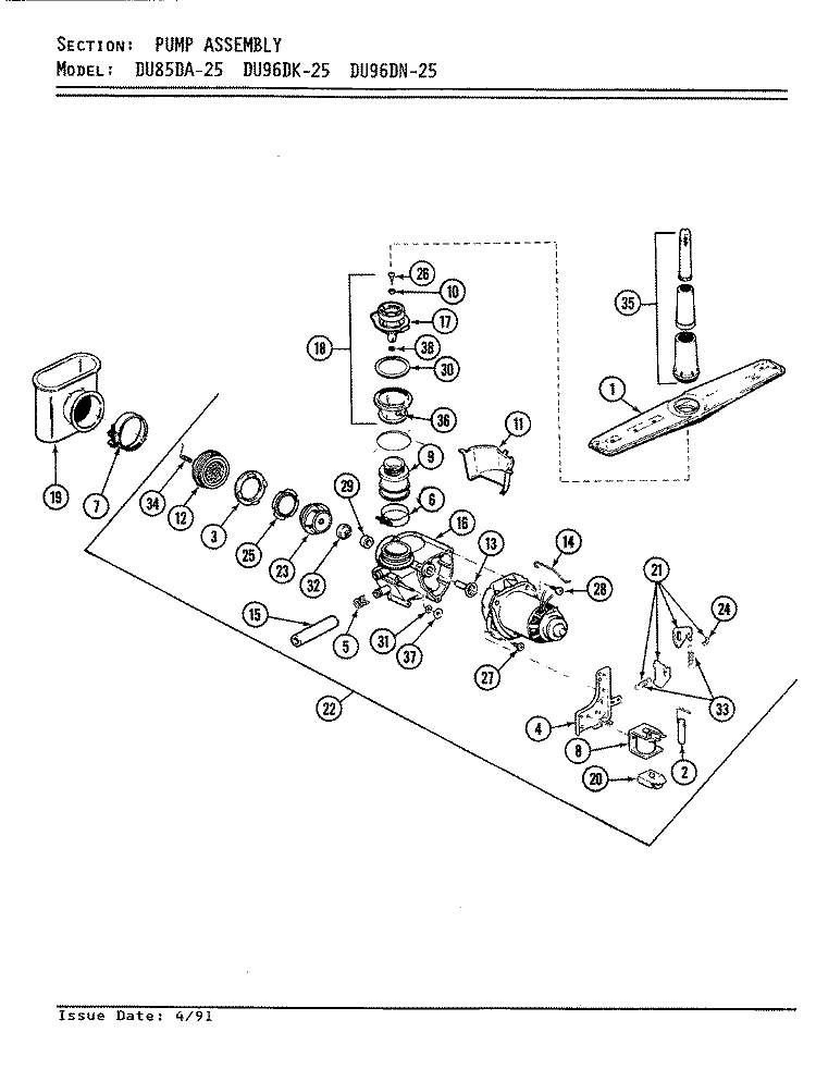 PUMP ASSEMBLY Diagram and Parts List for DU96DK-25  Magic Chef Dishwasher