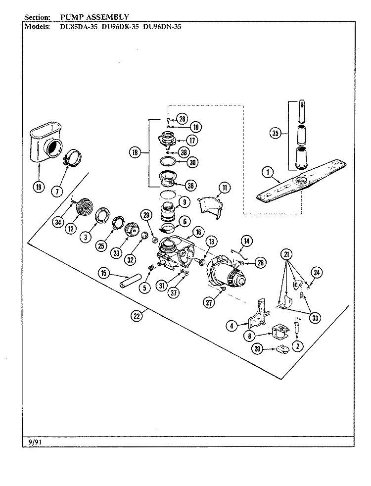 PUMP ASSEMBLY Diagram and Parts List for DU96DN-35  Magic Chef Dishwasher