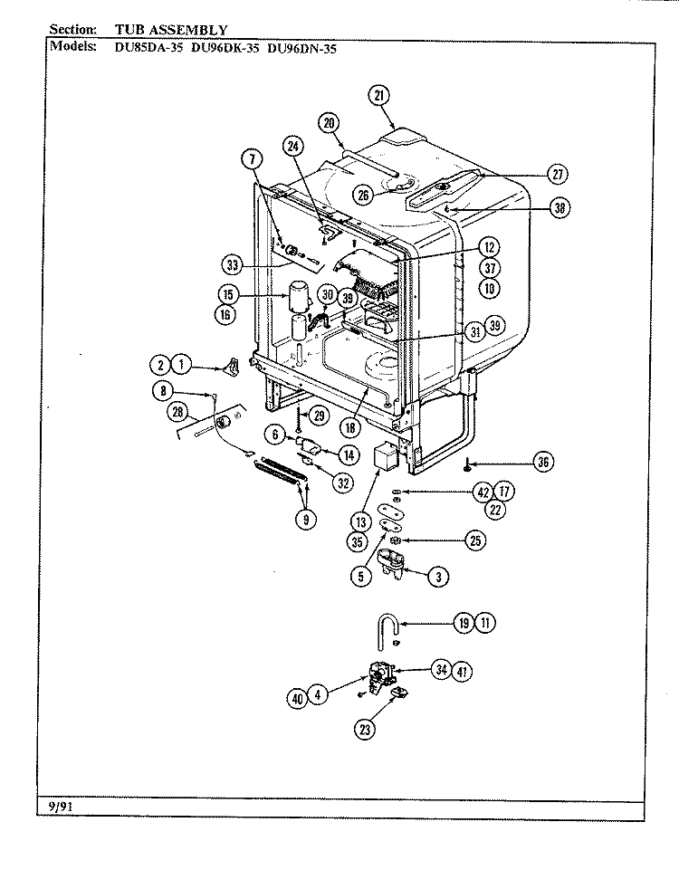 TUB ASSEMBLY Diagram and Parts List for DU96DN-35  Magic Chef Dishwasher