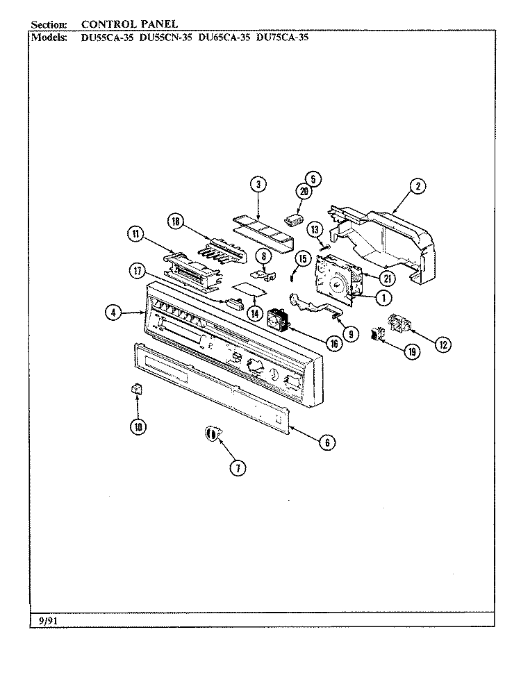 CONTROL PANEL Diagram and Parts List for DU55CN-35  Magic Chef Dishwasher