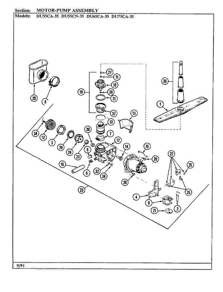 PUMP ASSEMBLY Diagram and Parts List for DU55CN-35  Magic Chef Dishwasher