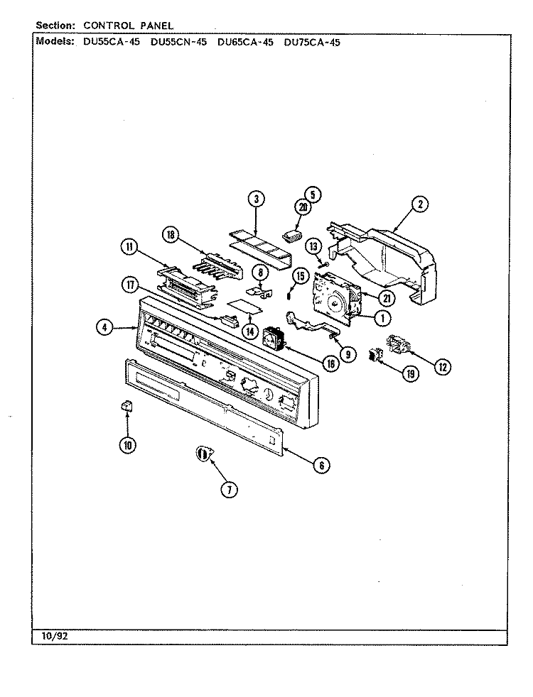 CONTROL PANEL (DU55CA / CN, DU65CA, DU75C - 45) Diagram and Parts List for DU55CN-45  Magic Chef Dishwasher