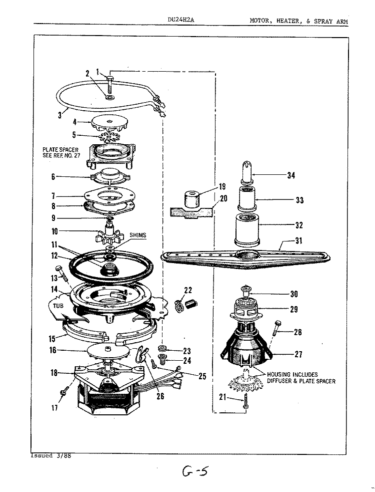 MOTOR, HEATER & SPRAY ARM Diagram and Parts List for DU24H2A  Maytag Dishwasher