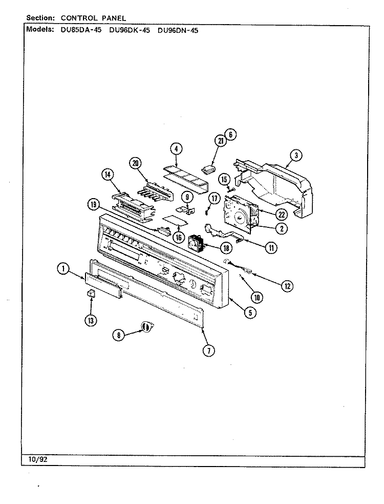 CONTROL PANEL Diagram and Parts List for DU96DK-45  Magic Chef Dishwasher