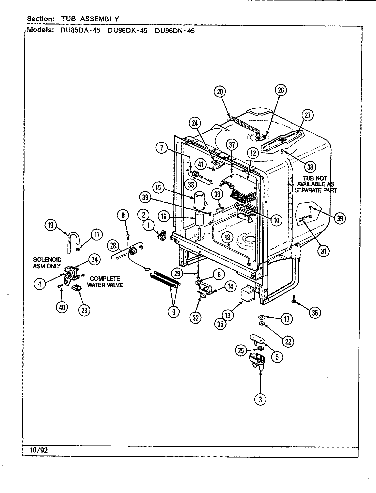 TUB ASSEMBLY Diagram and Parts List for DU96DK-45  Magic Chef Dishwasher