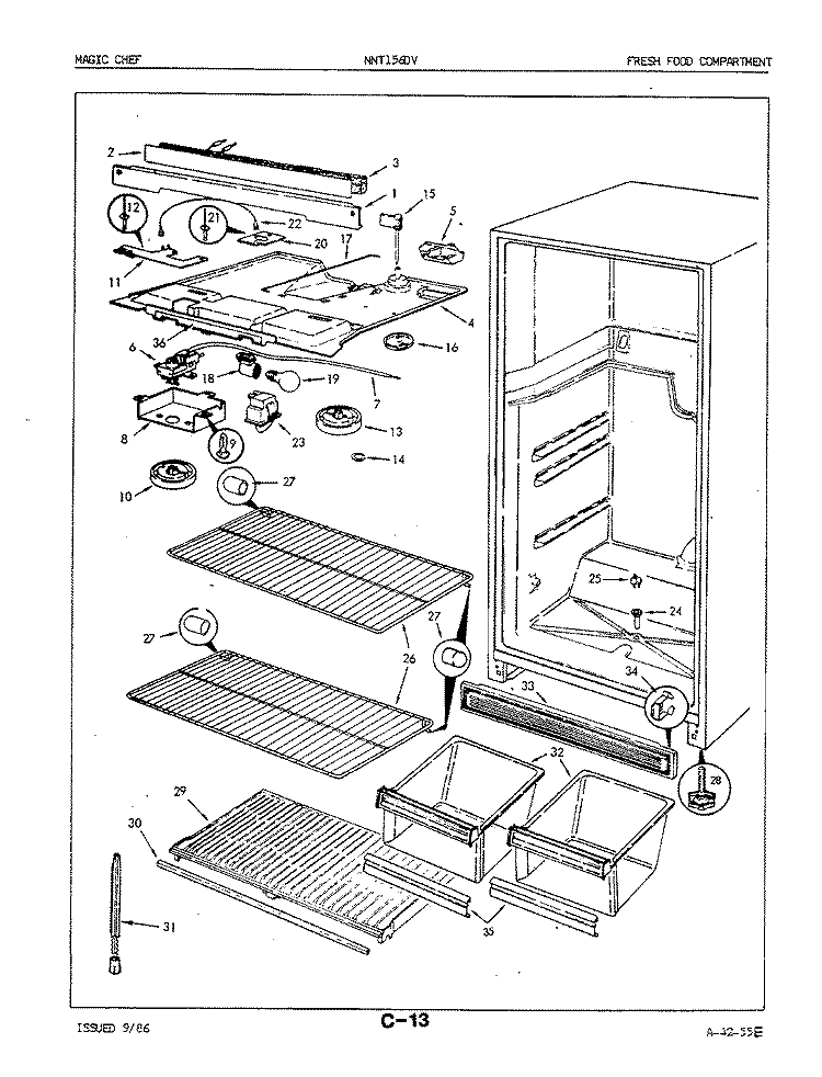 FRESH FOOD COMPARTMENT Diagram and Parts List for NNT156DVA 5A51B Crosley Refrigerator