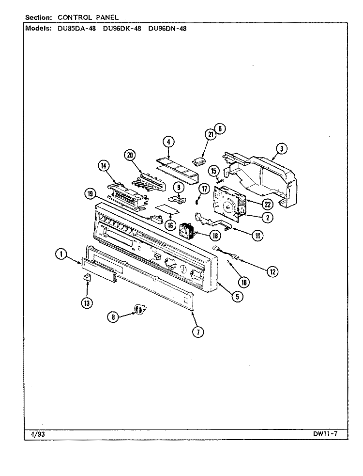 CONTROL PANEL Diagram and Parts List for DU96DN-48  Magic Chef Dishwasher
