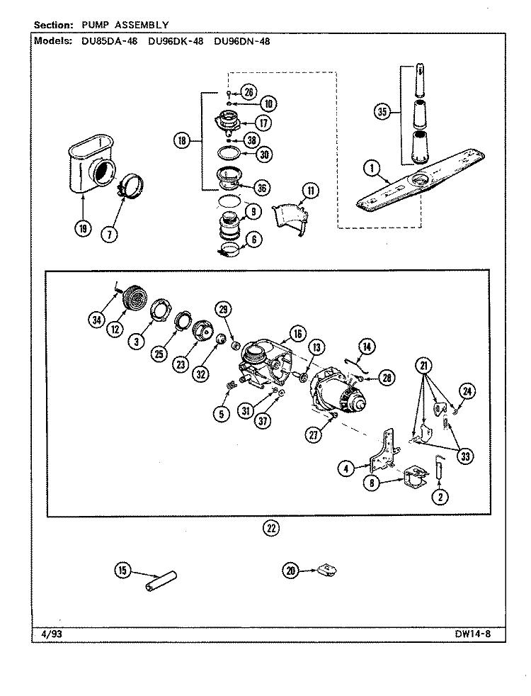 PUMP ASSEMBLY Diagram and Parts List for DU96DN-48  Magic Chef Dishwasher