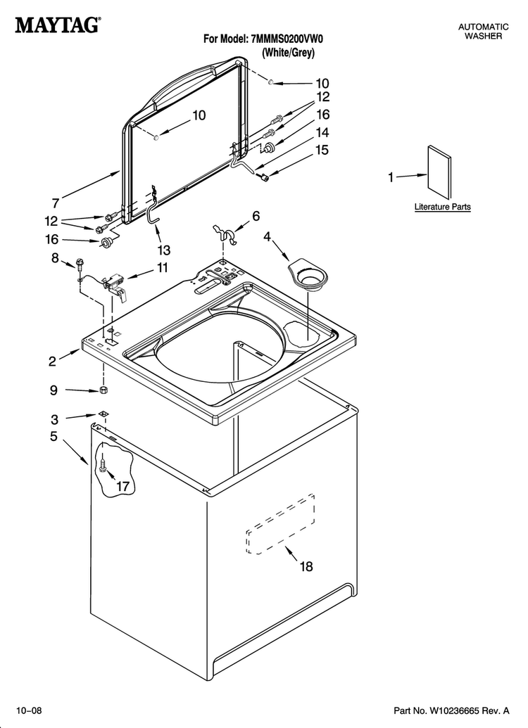 Top And Cabinet Parts Diagram and Parts List for 7MMMS0200VW0  Maytag Washer