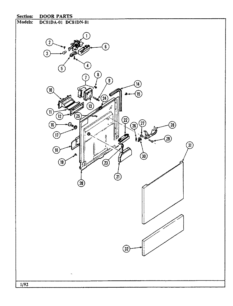 DOOR PARTS Diagram and Parts List for DC81DN-01  Magic Chef Dishwasher