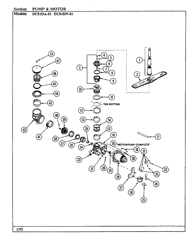 PUMP & MOTOR Diagram and Parts List for DC81DN-01  Magic Chef Dishwasher