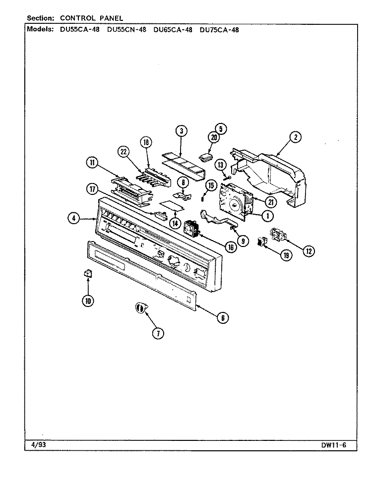 CONTROL PANEL (DU55CA / CN - 48 & DU65CA - 48) Diagram and Parts List for DU55CA-48  Magic Chef Dishwasher