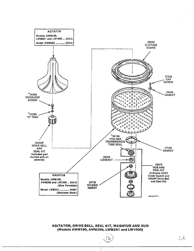 Agitator/drive Bell/seal Kit/washtub And Hub Diagram and Parts List for 6497-LW-9203  Amana Washer