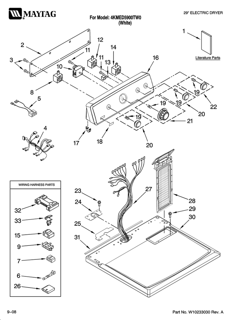 Top And Console Parts Diagram and Parts List for 4KMED5900TW0  Maytag Dryer