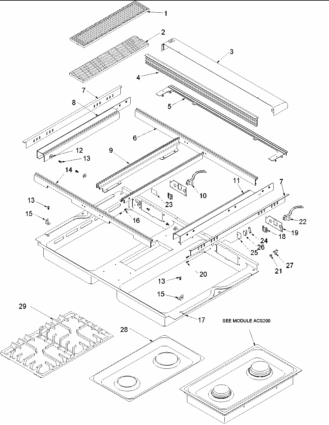 M/top (acl200 Grill For All Agsd's) Diagram and Parts List for ACL200-P1133392N  Amana Range