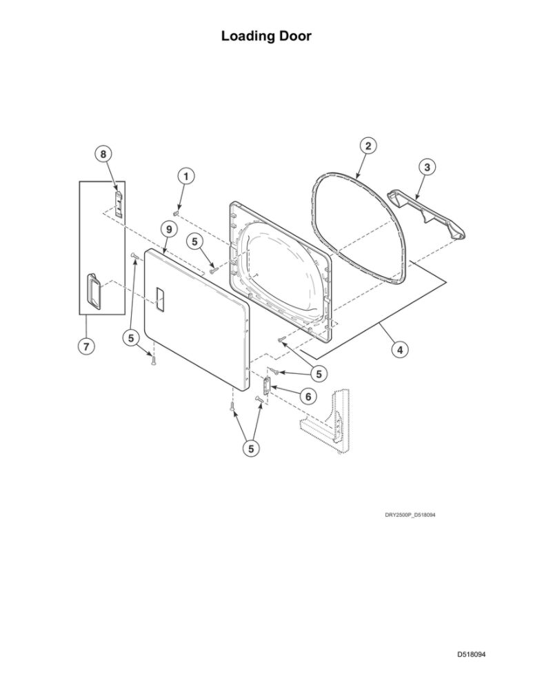 Loading Door Diagram and Parts List for ADE6HRYS177TW01  Speed Queen Dryer
