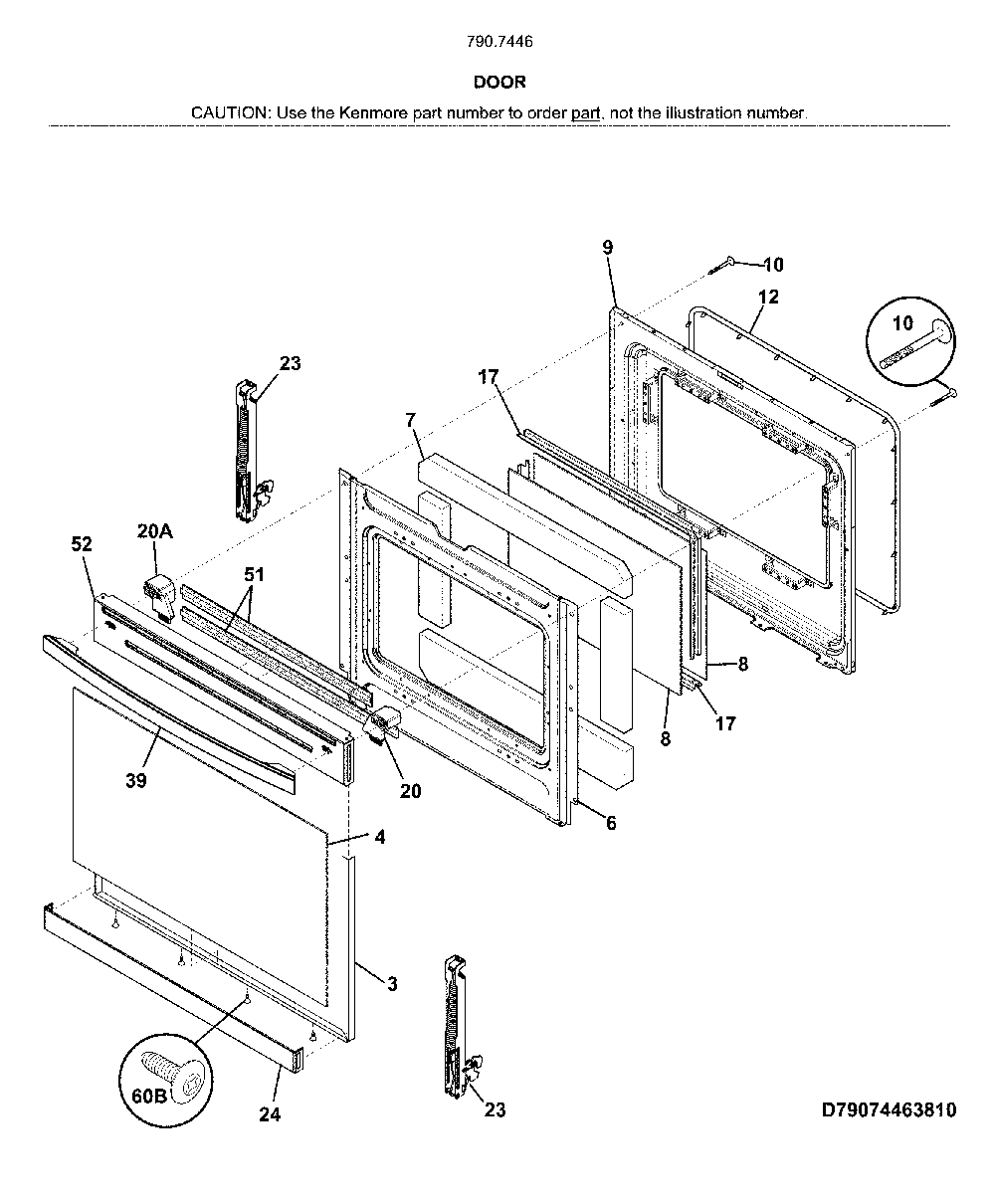 Door Diagram and Parts List for 79074467810  Kenmore Range