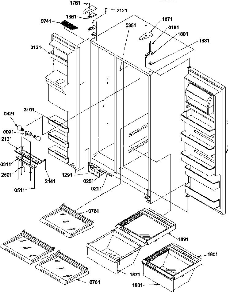 Refrigerator/freezer Shelves, Lights, And Hinges Diagram and Parts List for SCD22TBL-P1303511WL  Amana Refrigerator