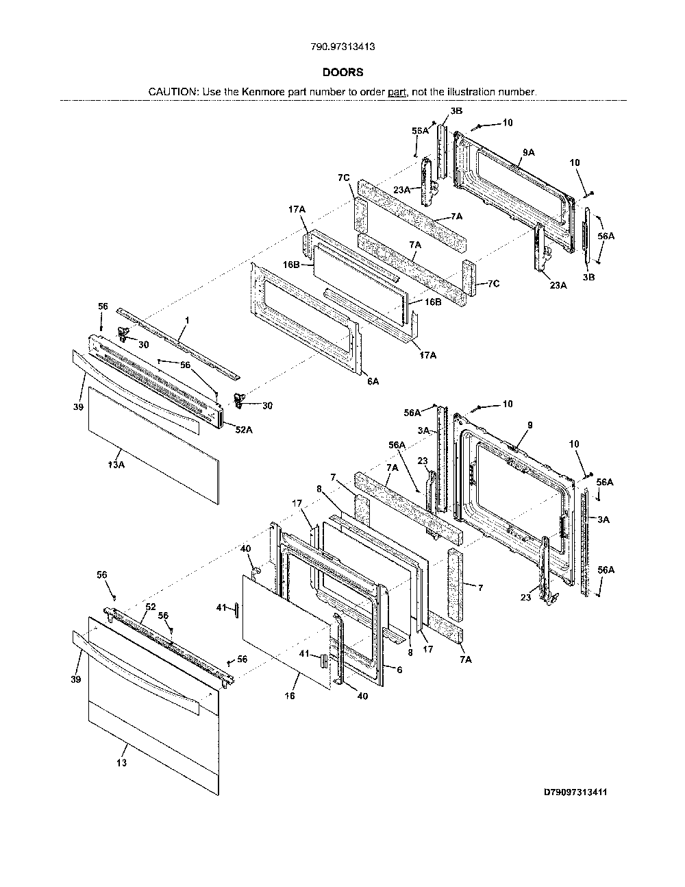 Doors Diagram and Parts List for 79097313413  Kenmore Range