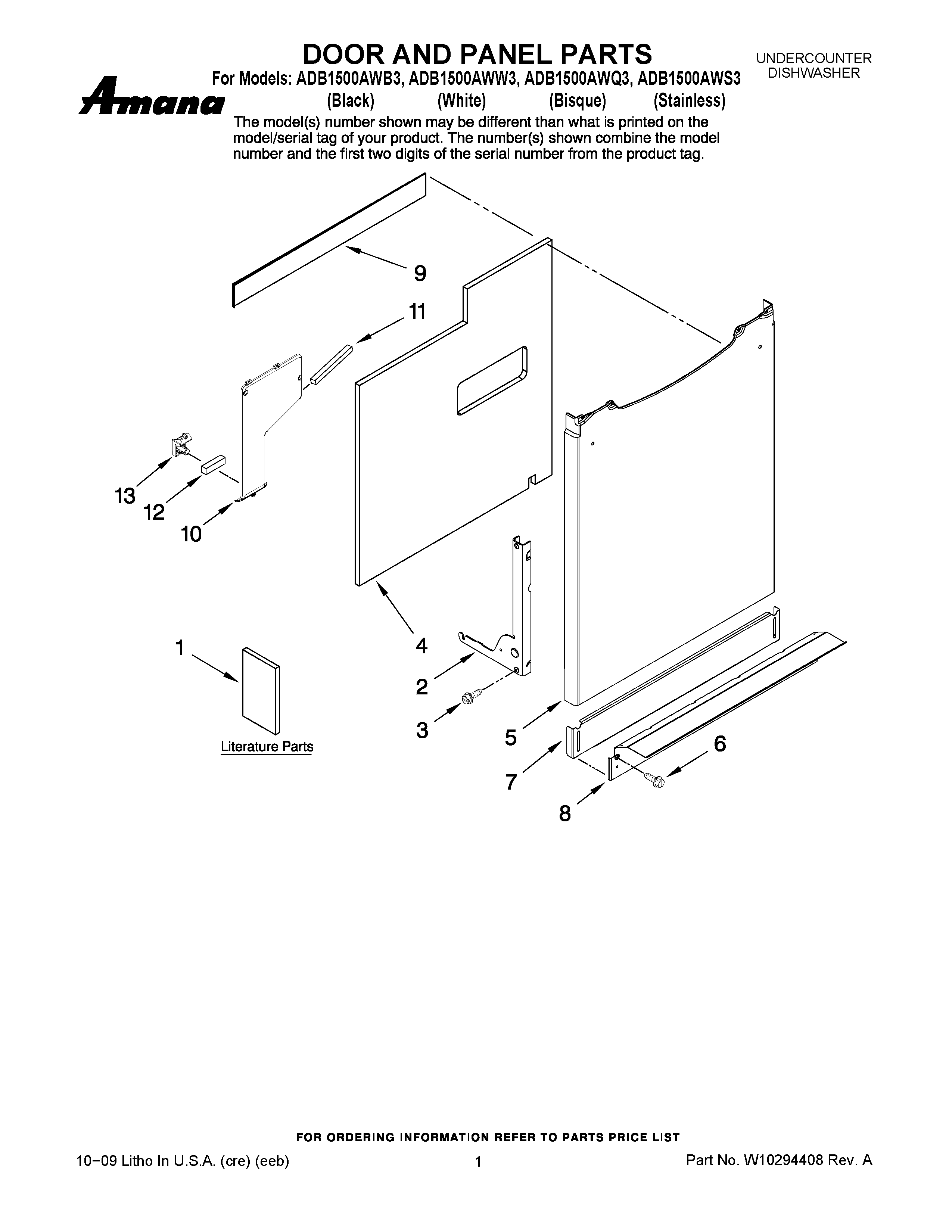 01 - DOOR AND PANEL PARTS Diagram and Parts List for ADB1500AWW3  Maytag Dishwasher